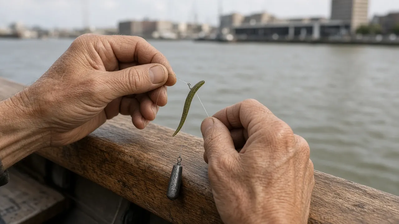 Handen knopen een dropshot onderlijn met lood en softbait op een boot in Rotterdam