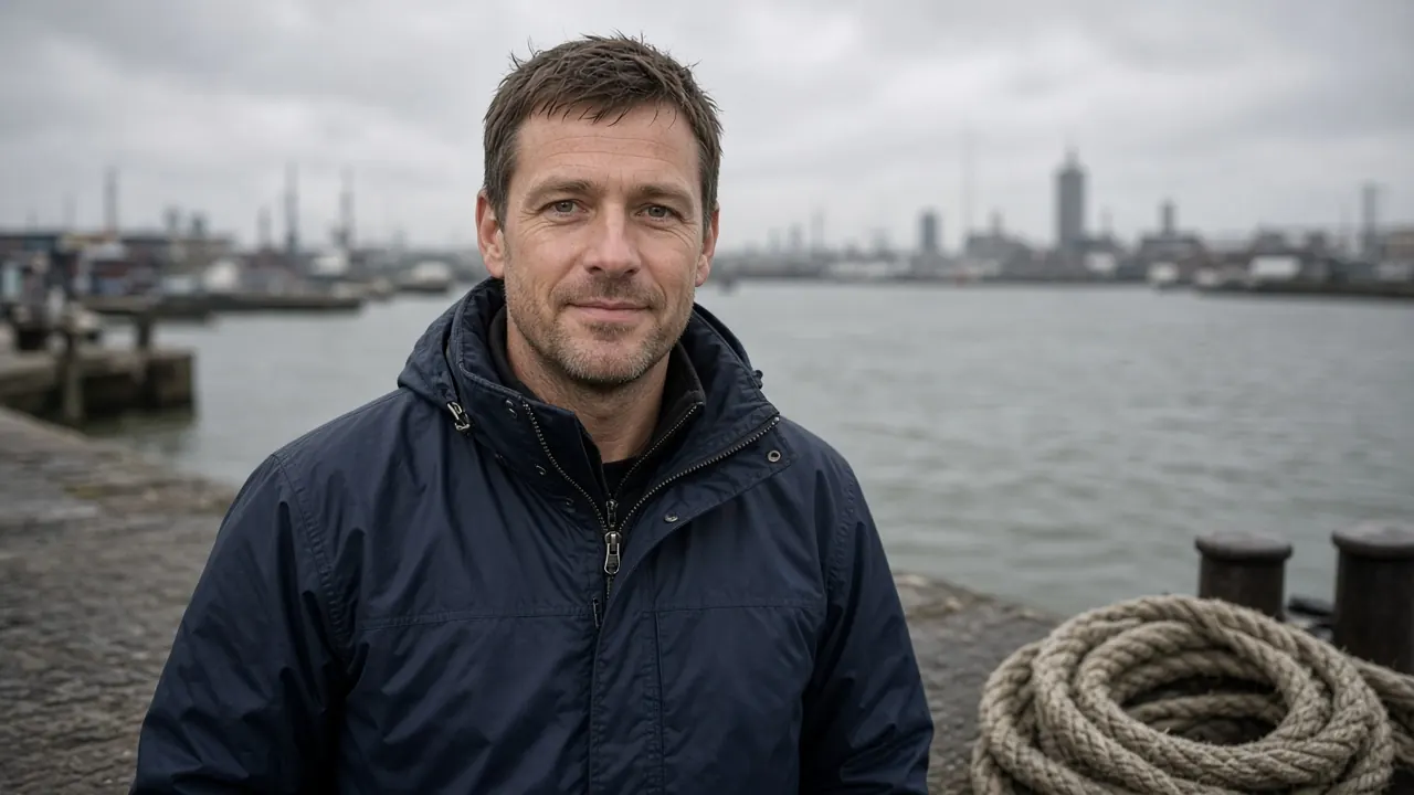 Frank van Dijk op een Rotterdamse kade in een donkere regenjas bij het water
