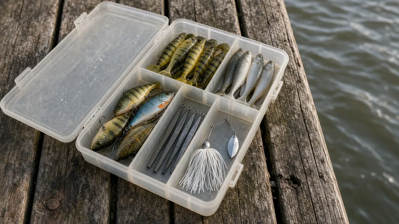 Open tacklebox met shads jigkoppen en een spinnerbait op een steiger in Rotterdam