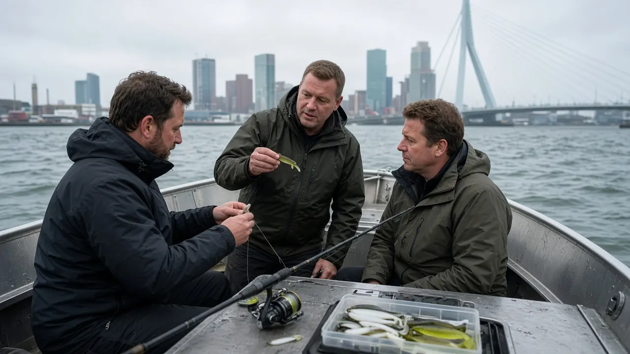 Frank van Dijk legt een shad uit tijdens een roofviscursus op de Maas bij Rotterdam