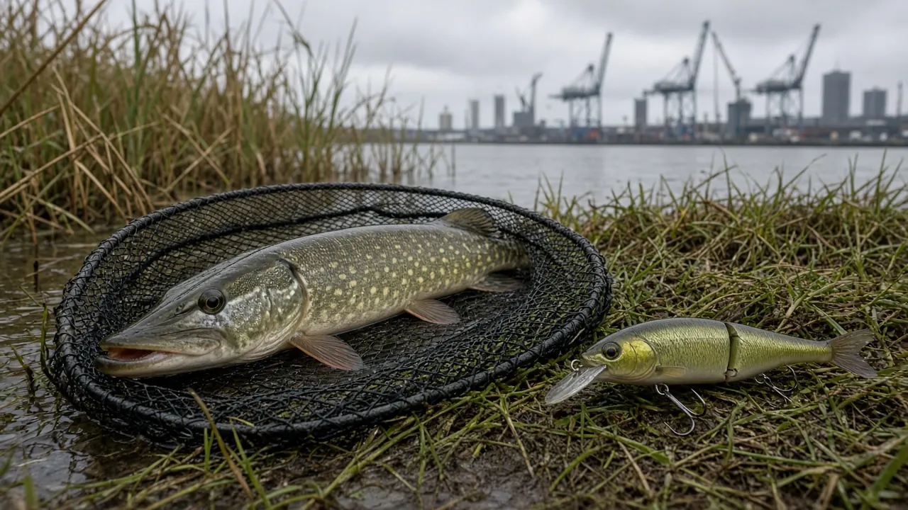 Grote snoek ligt in een schepnet langs riet met een plug ernaast bij Rotterdam