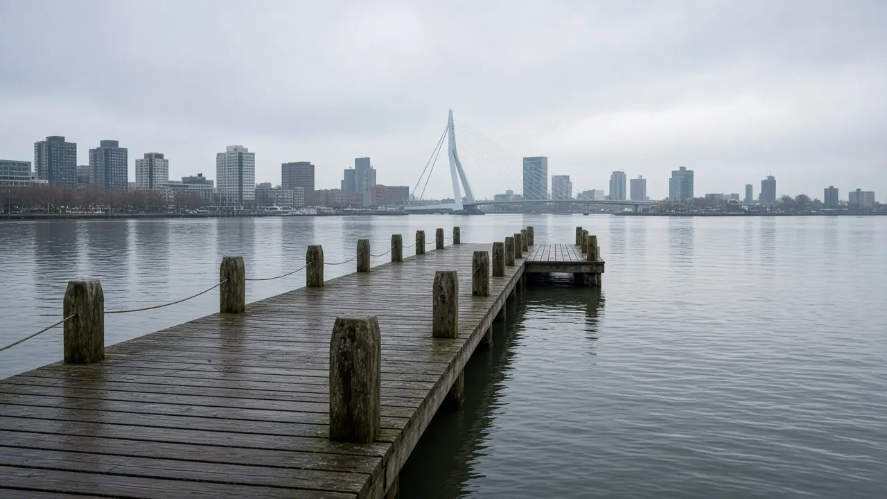 Lege houten vissteiger aan de Nieuwe Maas met de Erasmusbrug op de achtergrond